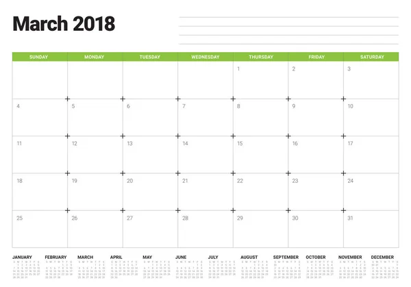 Ilustracja wektorowa planner kalendarz marca 2018 — Wektor stockowy