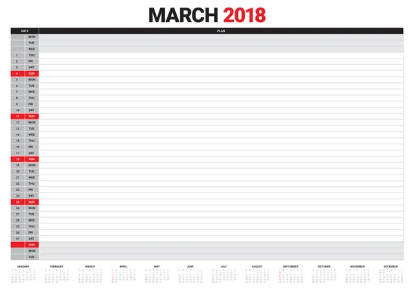 Ilustracja wektorowa planner kalendarz marca 2018 — Wektor stockowy