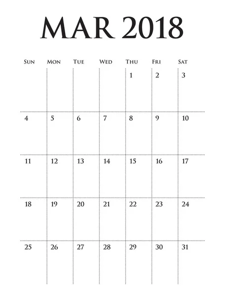2018 年 3 月カレンダー プランナー ベクトル図 — ストックベクタ