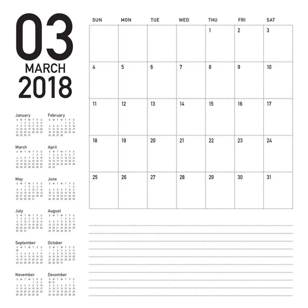Εικονογράφηση διάνυσμα planner ημερολόγιο Μαρτίου 2018 — Διανυσματικό Αρχείο