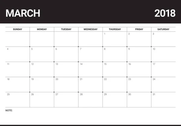 Marzo 2018 calendario planificador vector ilustración — Vector de stock