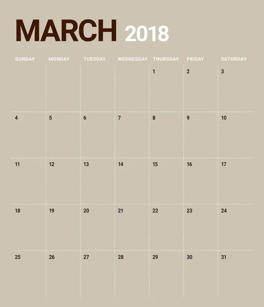 Marzo 2018 calendario planner vettoriale illustrazione — Vettoriale Stock