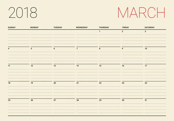 Março 2018 calendário planejador vetor ilustração —  Vetores de Stock