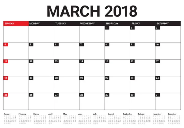 Calendrier de mars 2018 illustration vectorielle du planificateur — Image vectorielle