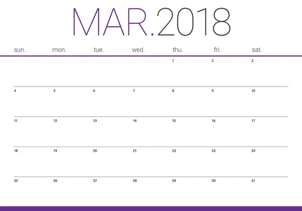 Marzo 2018 calendario planificador vector ilustración — Archivo Imágenes Vectoriales