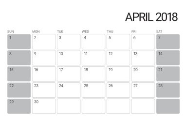 Nisan 2018 Resepsiyon takvim vektör çizim