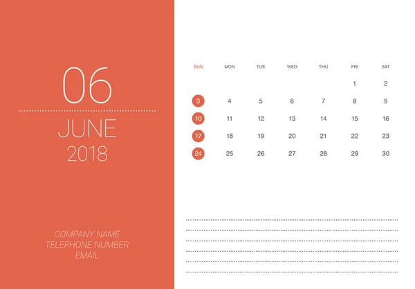 Ilustracja wektorowa kalendarza biurko czerwca 2018 r. — Wektor stockowy