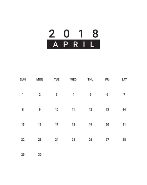 Nisan 2018 Resepsiyon takvim vektör çizim — Stok Vektör