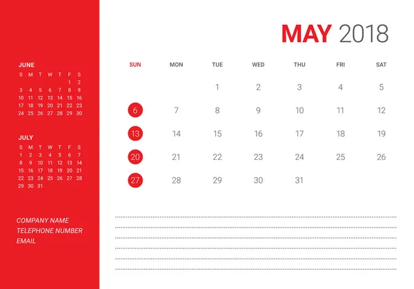 Mai 2018 illustration vectorielle du calendrier de bureau — Image vectorielle