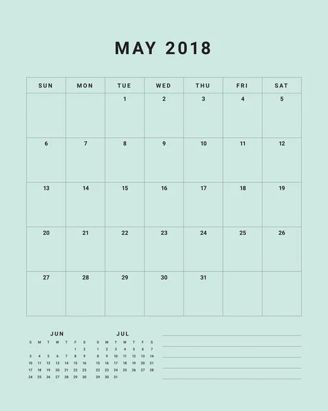 Maio 2018 mesa calendário vetor ilustração — Vetor de Stock