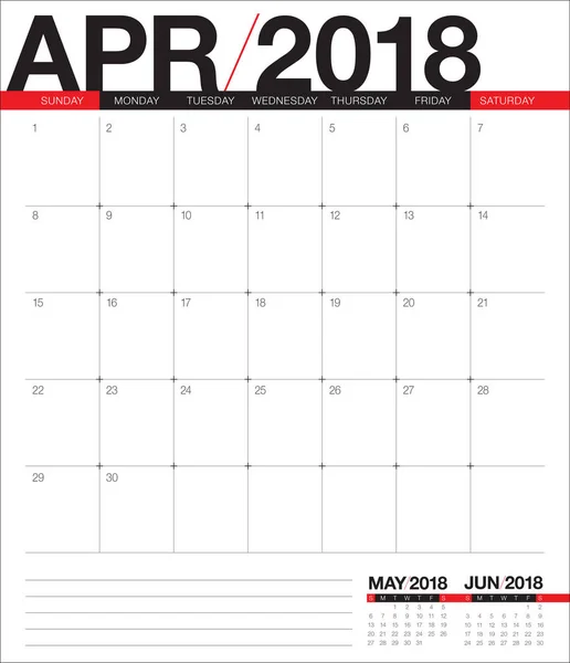 Abril 2018 calendário planejador ilustração vetorial — Vetor de Stock