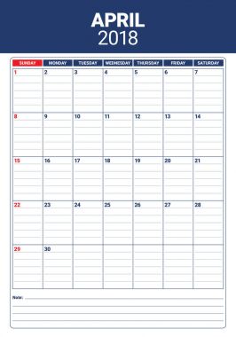 Nisan 2018 takvim planlayıcısı vektör çizim