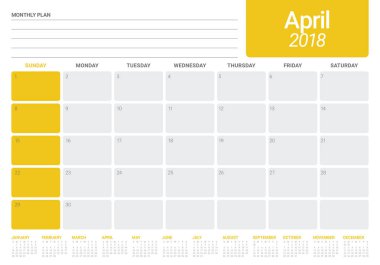 Nisan 2018 takvim planlayıcısı vektör çizim