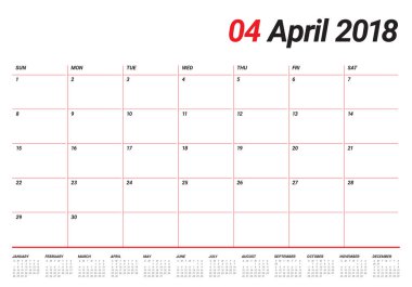 Nisan 2018 takvim planlayıcısı vektör çizim