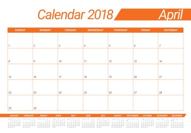 Nisan 2018 takvim planlayıcısı vektör çizim
