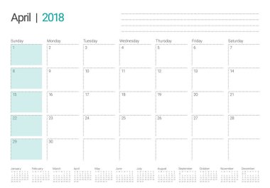 Nisan 2018 takvim planlayıcısı vektör çizim