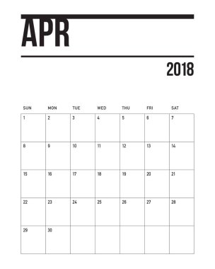 Nisan 2018 takvim planlayıcısı vektör çizim