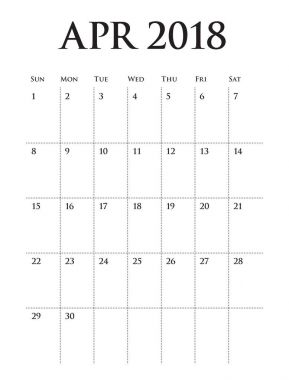 Nisan 2018 takvim planlayıcısı vektör çizim