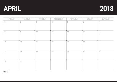 Nisan 2018 takvim planlayıcısı vektör çizim