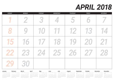 Nisan 2018 takvim planlayıcısı vektör çizim