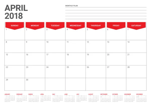 Ilustracja wektorowa planner kalendarz kwietnia 2018 — Wektor stockowy