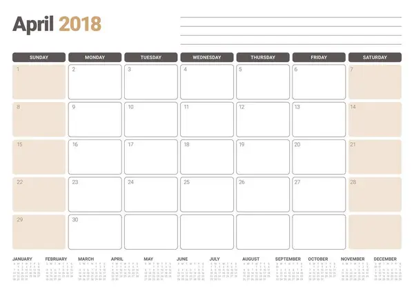 Abril 2018 calendario planificador vector ilustración — Archivo Imágenes Vectoriales