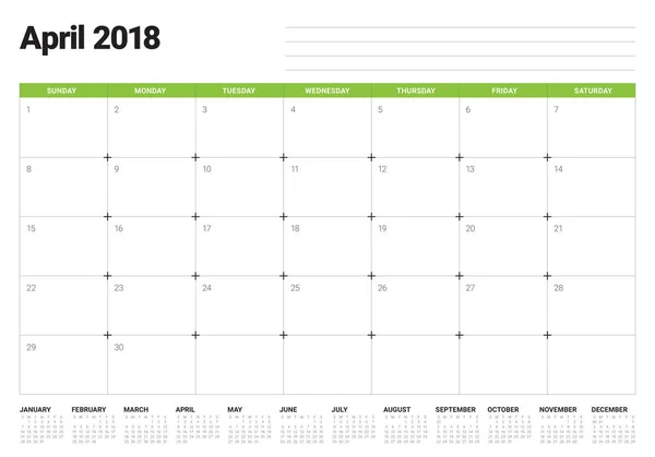 Abril 2018 calendario planificador vector ilustración — Archivo Imágenes Vectoriales