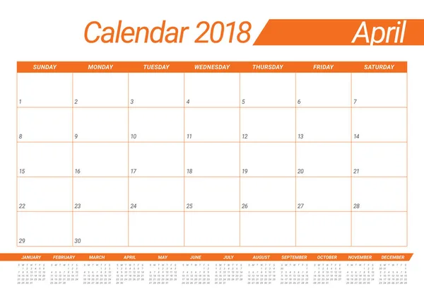 Abril 2018 calendario planificador vector ilustración — Archivo Imágenes Vectoriales