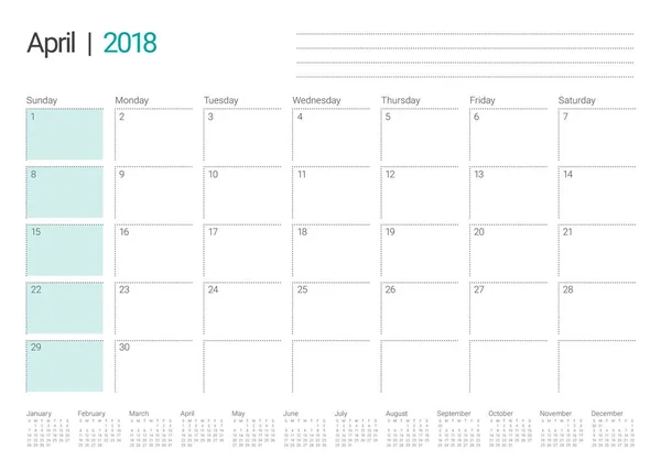 Abril 2018 calendário planejador ilustração vetorial — Vetor de Stock