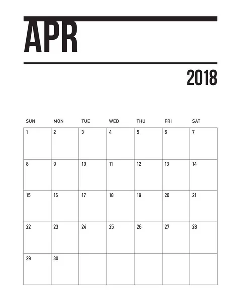 April 2018 Kalenderplaner Vektor Illustration — Stockvektor