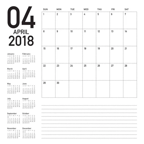 Dubna 2018 kalendář planner vektorové ilustrace — Stockový vektor