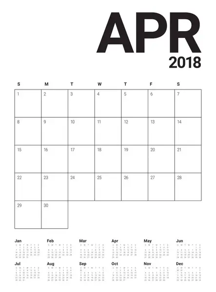 Abril 2018 calendario planificador vector ilustración — Vector de stock