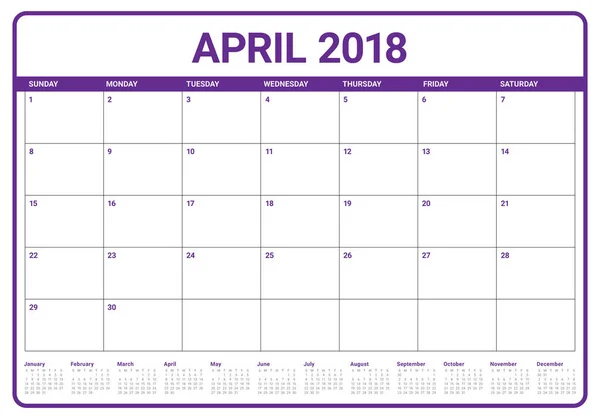 Abril 2018 calendario planificador vector ilustración — Archivo Imágenes Vectoriales