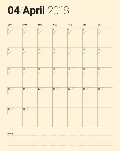 Векторная иллюстрация календаря апреля 2018 года — стоковый вектор