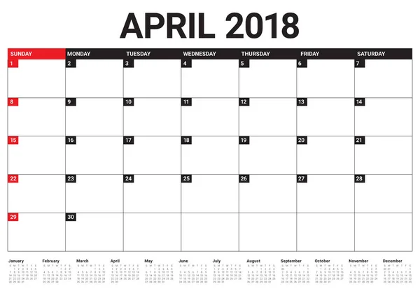 Abril 2018 calendário planejador ilustração vetorial — Vetor de Stock