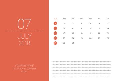 Temmuz 2018 Resepsiyon takvim vektör çizim