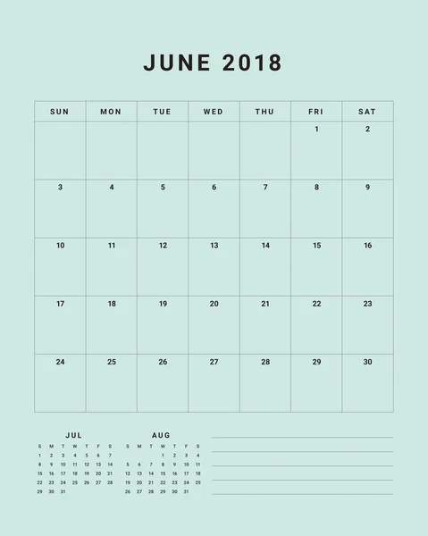 Junio 2018 escritorio calendario vector ilustración — Archivo Imágenes Vectoriales