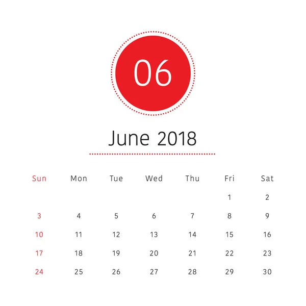 Junho 2018 mesa calendário vetor ilustração — Vetor de Stock