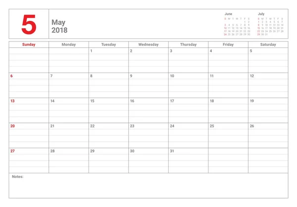 Mayo 2018 calendario planificador vector ilustración — Vector de stock