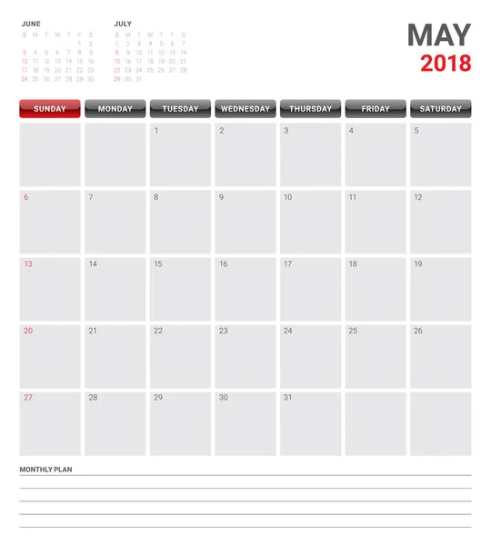 Mayo 2018 calendario planificador vector ilustración — Vector de stock