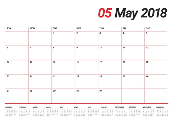 Mai 2018 calendrier planificateur vectoriel illustration — Image vectorielle