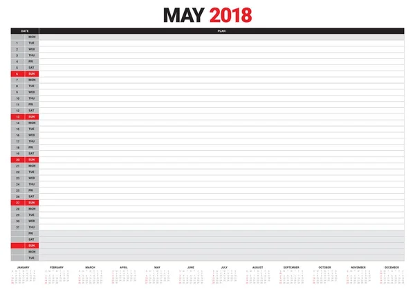 Maggio 2018 calendario planner vettoriale illustrazione — Vettoriale Stock