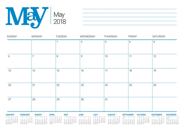 Mayo 2018 calendario planificador vector ilustración — Archivo Imágenes Vectoriales