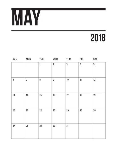 Векторная иллюстрация календаря мая 2018 года — стоковый вектор