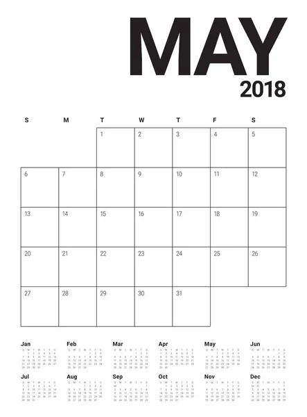 Maio 2018 calendário planejador vetor ilustração — Vetor de Stock