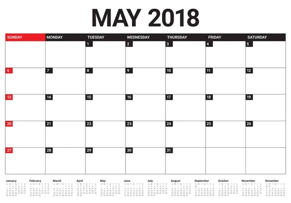 Mai 2018 calendrier planificateur vectoriel illustration — Image vectorielle