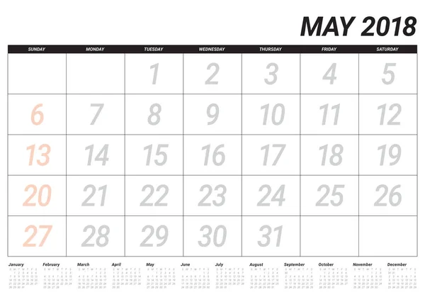 Maio 2018 calendário planejador vetor ilustração — Vetor de Stock