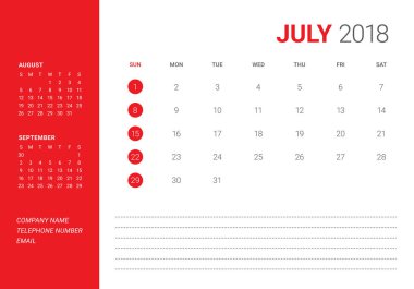 Temmuz 2018 Resepsiyon takvim vektör çizim