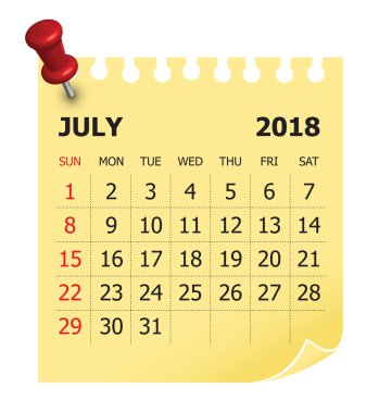 Temmuz 2018 takvim vektör çizim
