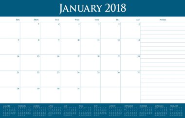 Ocak 2018 takvim planlayıcısı vektör çizim
